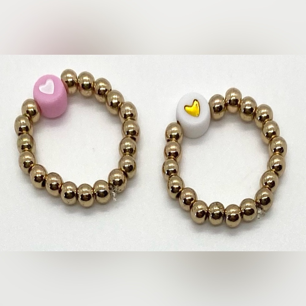 Pink White Heart Gold Beaded Rings Boho Y2K Preppy Feminine Cottagecore Summer - Picture 10 of 10